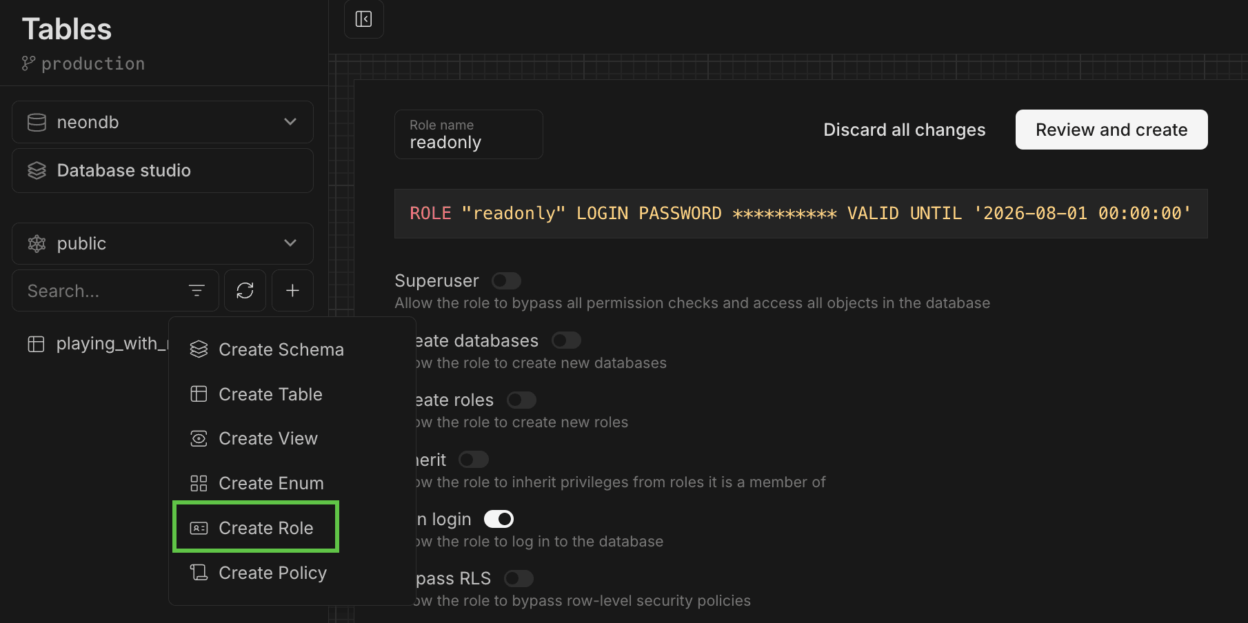 Create roles on the tables page
