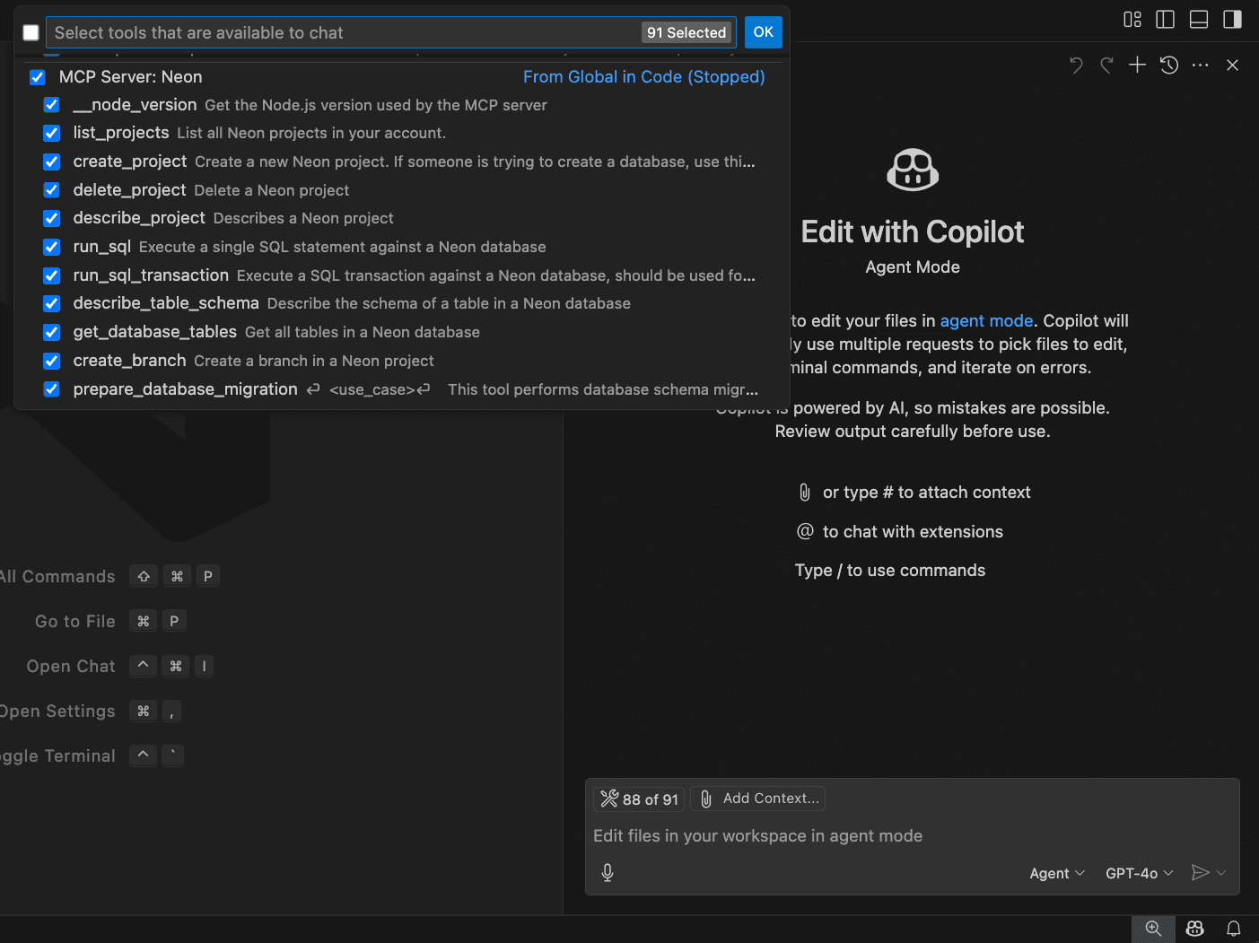 List Neon MCP Server tools in GitHub Copilot